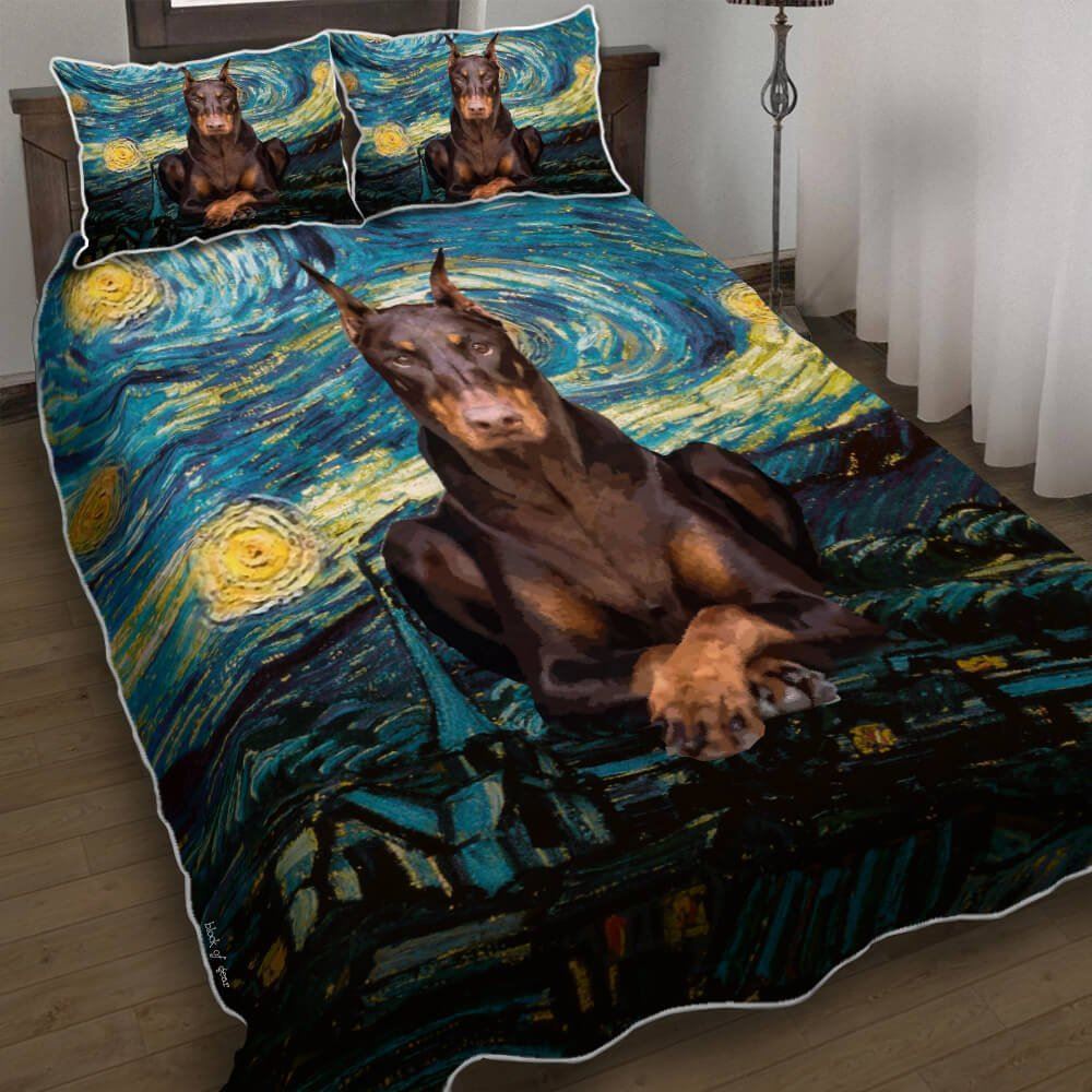 Doberman Starry Night Quilt Bedding Set