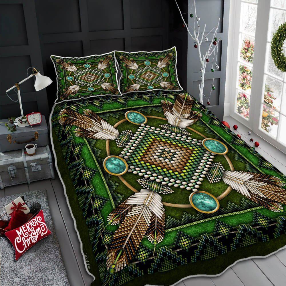 Eagle Feather Native American Mandala Green Native American Quilt Bedding Set