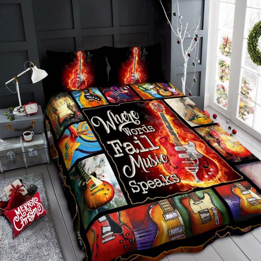 Electric Guitar Where Words Fail Music Speaks Quilt Bedding Set