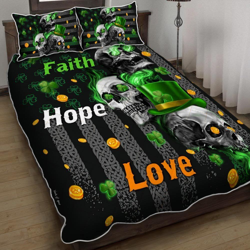 Faith Hope Love Irish Skull Quilt Bedding Set