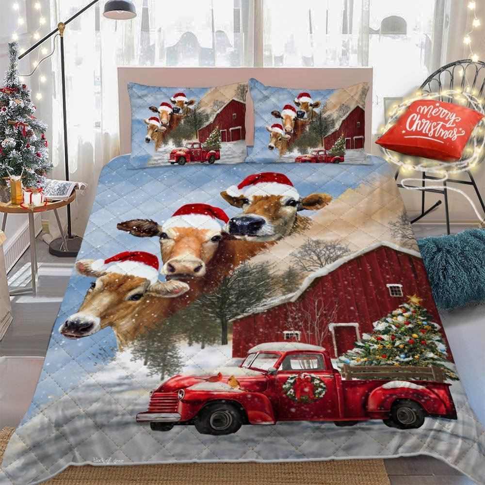 Farmhouse Cattle Cow Christmas Quilt Bedding Set