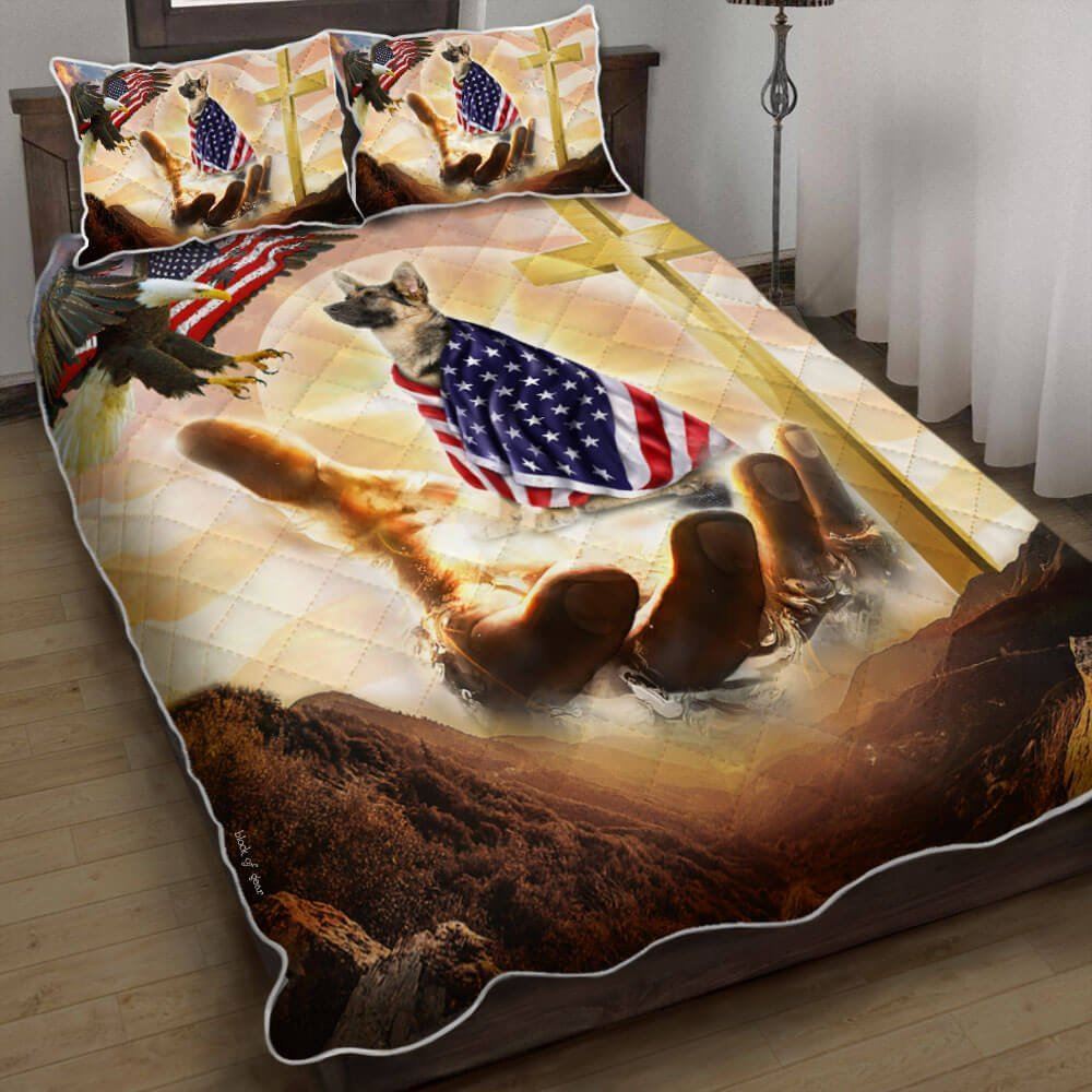 German Shepherd Christian Cross American Patriot Quilt Bedding Set