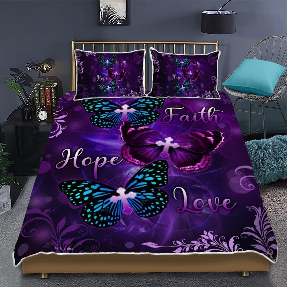 God Faith Hope Love Butterfly Quilt Bedding Set