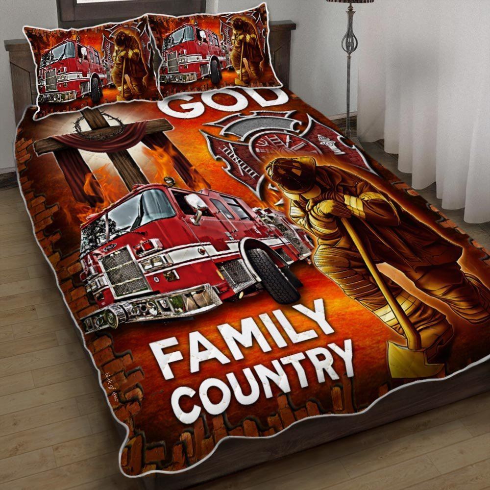 God Family Country Firefighter Quilt Bedding Set