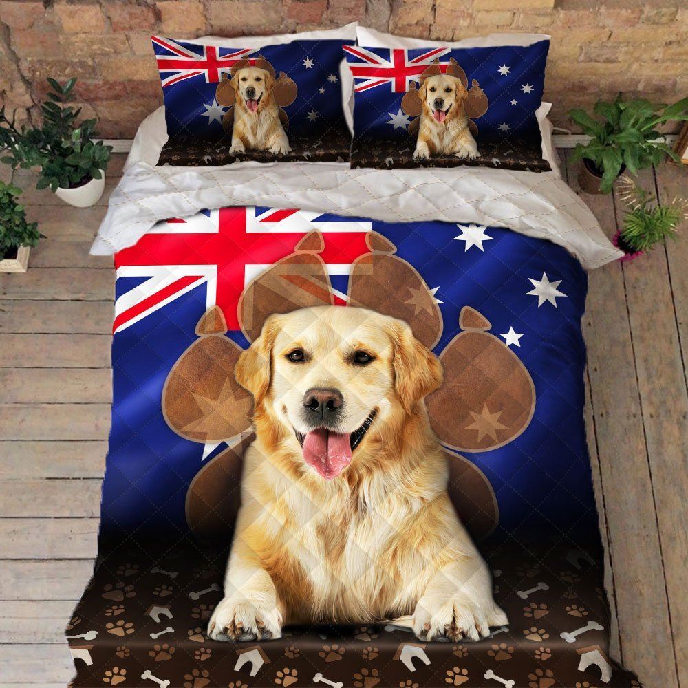 Golden Retriever Australian Flag Quilt Bedding Set Qnn621qs