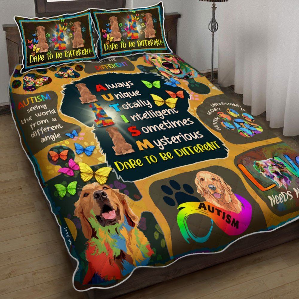 Golden Retriever Autism Awareness Quilt Bedding Set