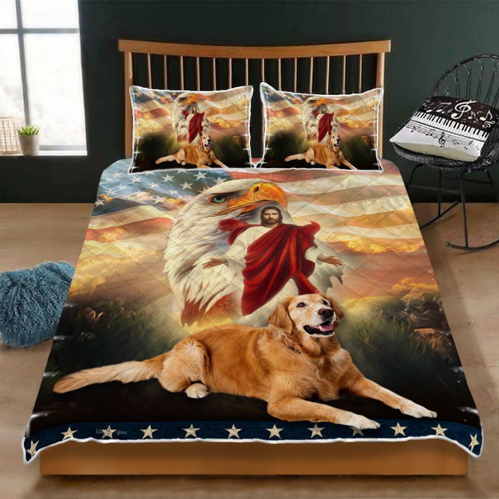 Golden Retriever Dog Jesus Eagle Quilt Bedding Set