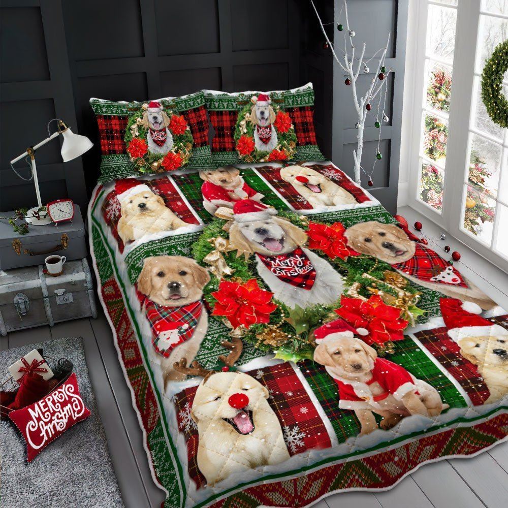 Golden Retriever Dog Merry Christmas Quilt Bedding Set