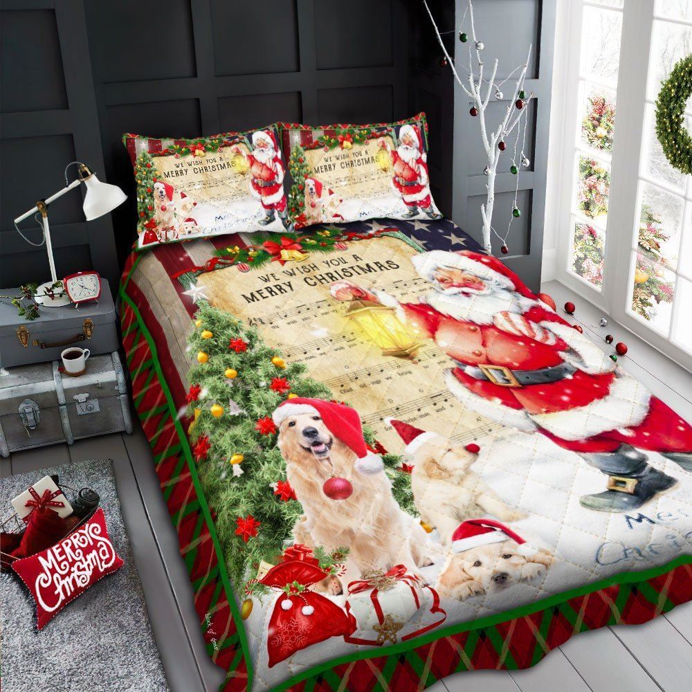 Golden Retriever Santa Hat In The Snow Quilt Bedding Set