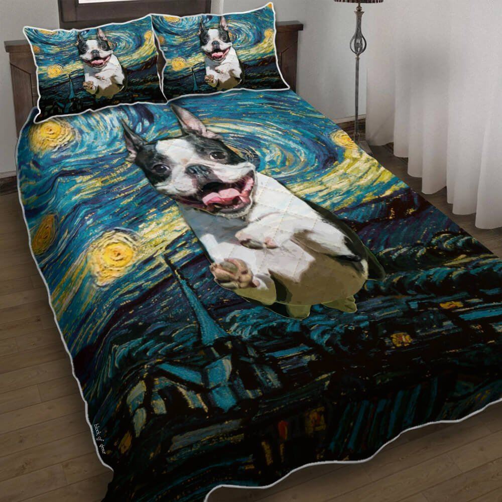 Happy Boston Terrier Starry Night Quilt Bedding Set