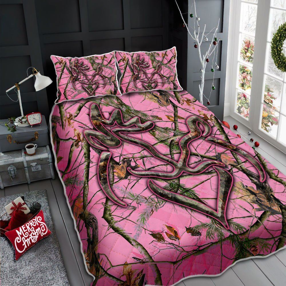 Her Buck His Doe Pink Camo Quilt Bedding Set