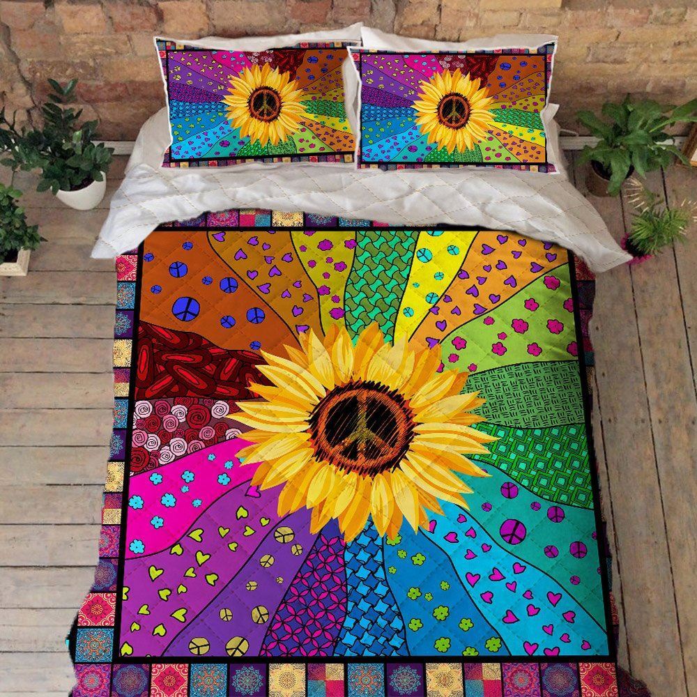 Hippie Peace Sign Sunflower Quilt Bedding Set Thh12qs