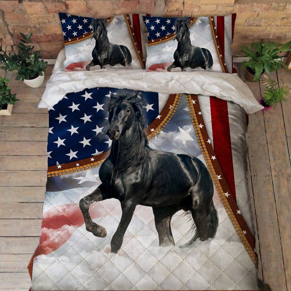 Horse Quilt Bedding Set Black Horse And American Flag Bnt382qs