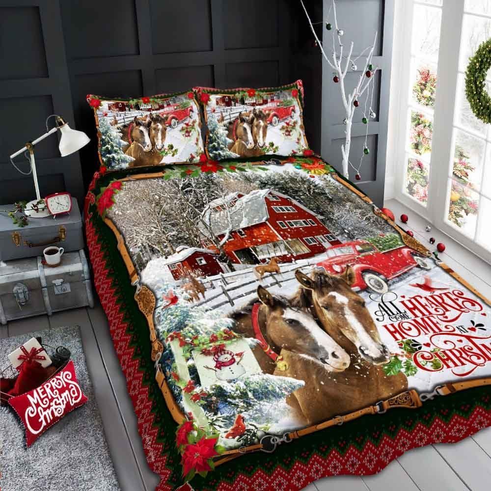 Horse Red Truck All Hearts Come Home For Christmas Quilt Bedding Set-qs439