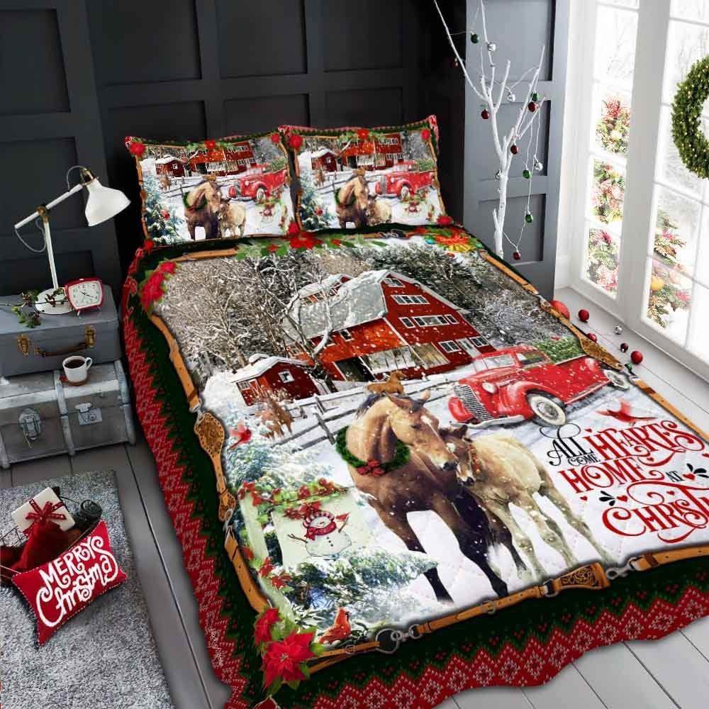 Horse Red Truck All Hearts Come Home For Christmas Quilt Bedding Set-sg0y8