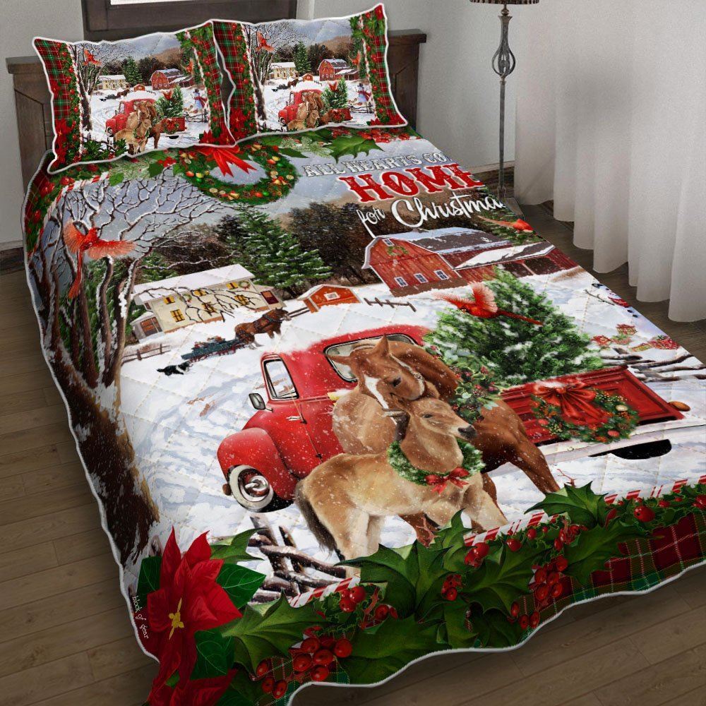 Horse Red Truck All Hearts Come Home For Christmas Quilt Bedding Set