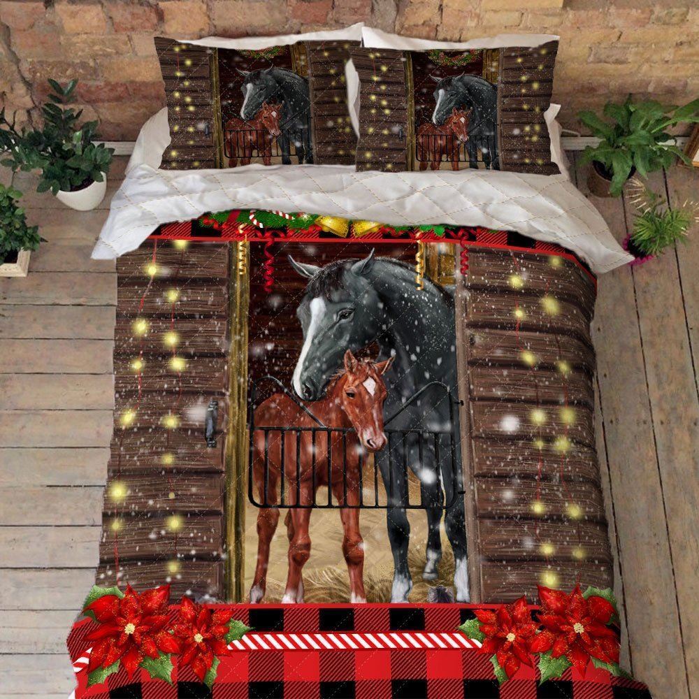 Horses Barn Merry Christmas Quilt Bedding Set Mbh197qs