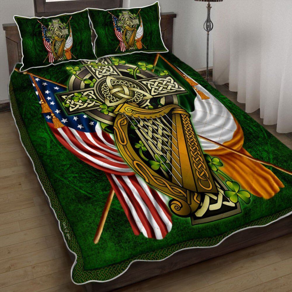 Irish American Celtic Cross Shamrock Quilt Bedding Set