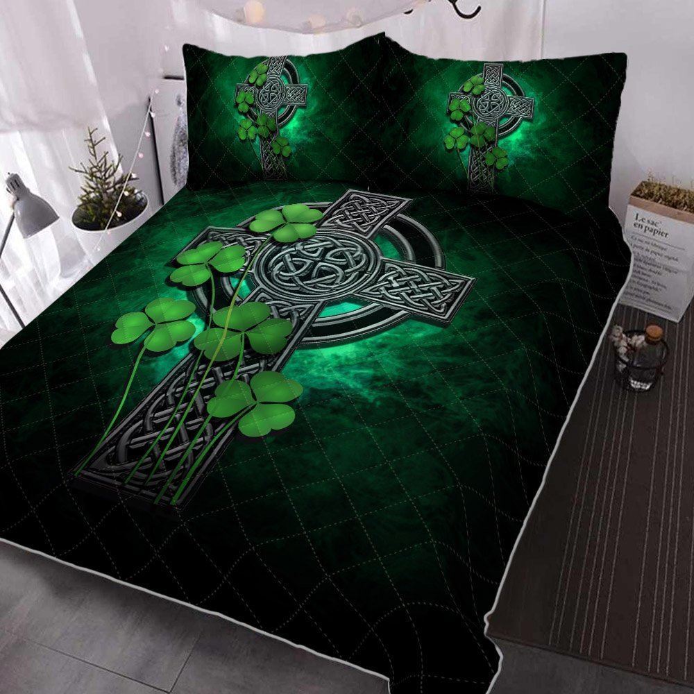 Irish Celtic Cross Clover Green Quilt Bedding Set Bnn412qs