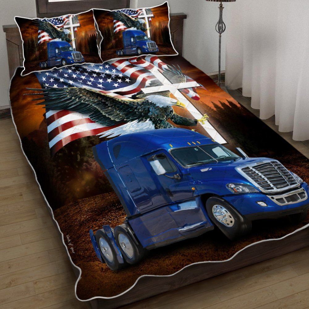 Jesus American Eagle Trucker Blue Truck Quilt Bedding Set