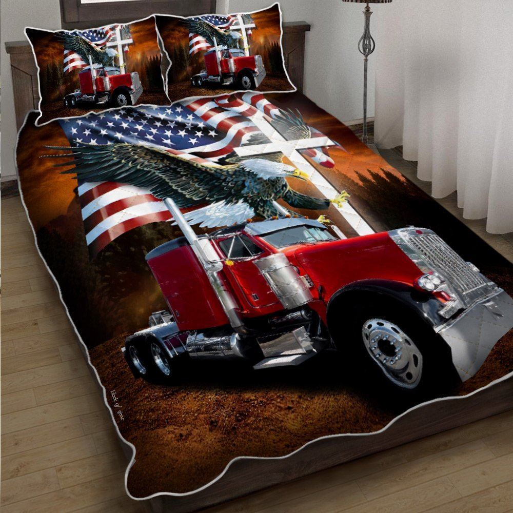 Jesus American Eagle Trucker Flat Top Red Truck Quilt Bedding Set