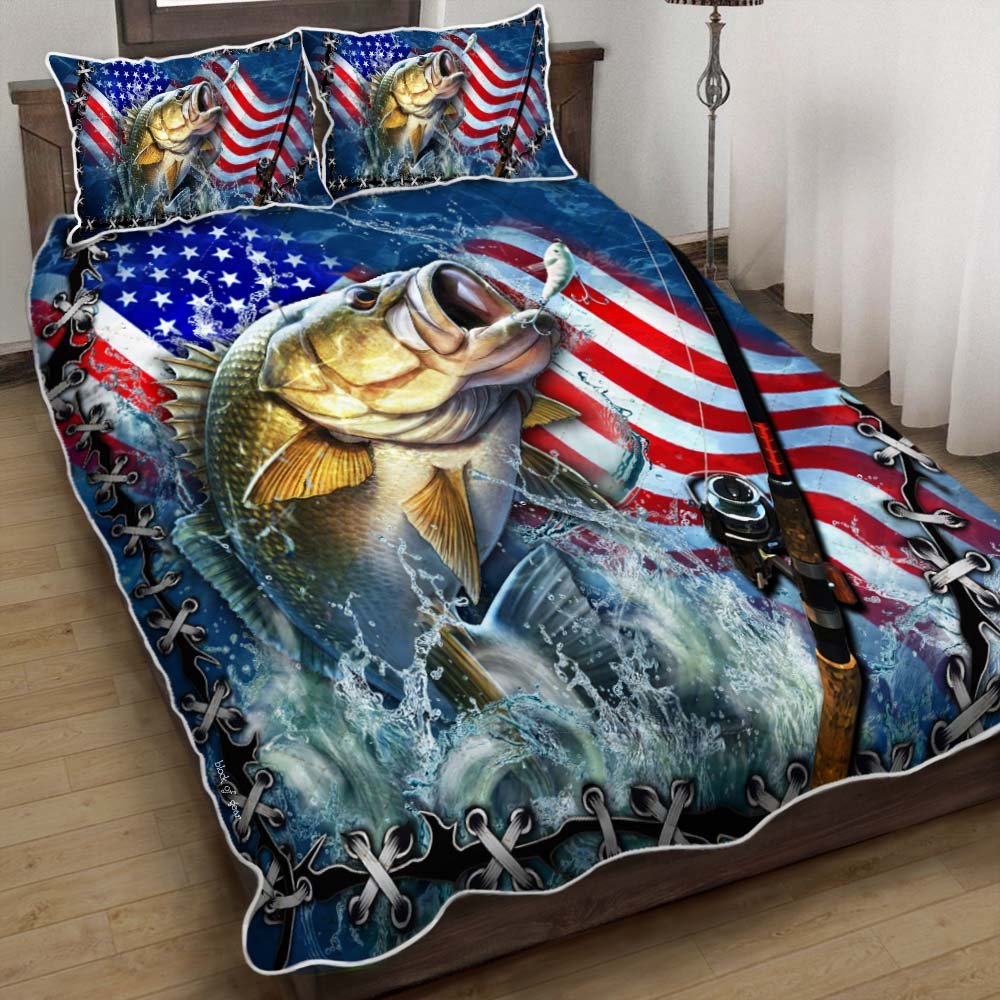 Largemouth Bass Fishing American Patriot Quilt Bedding Set