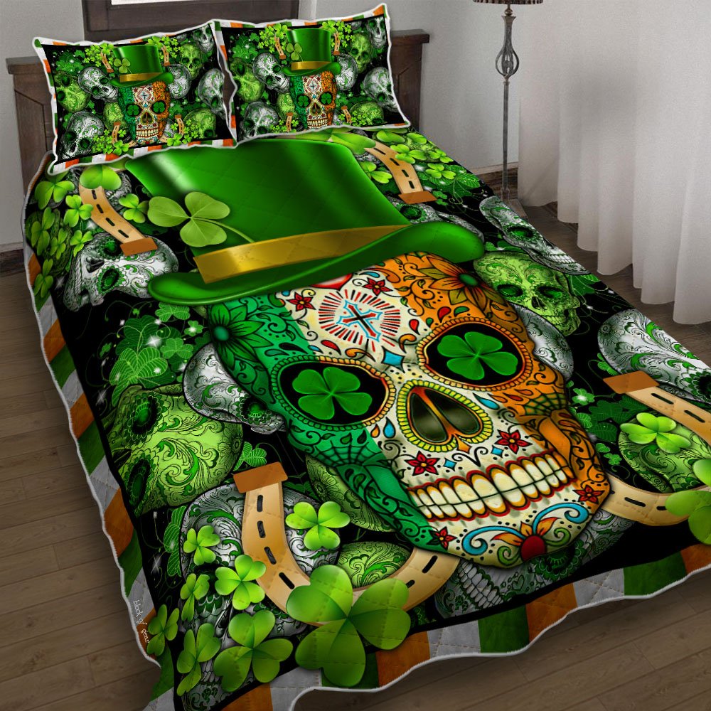 Leprechaun Sugar Skull St Patricks Day Quilt Bedding Set