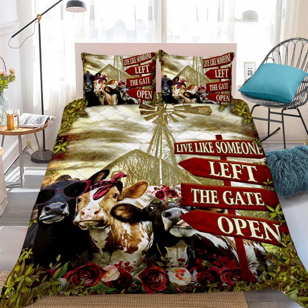 Live Like Someone Left The Gate Open Cow Heifer Quilt Bedding Set