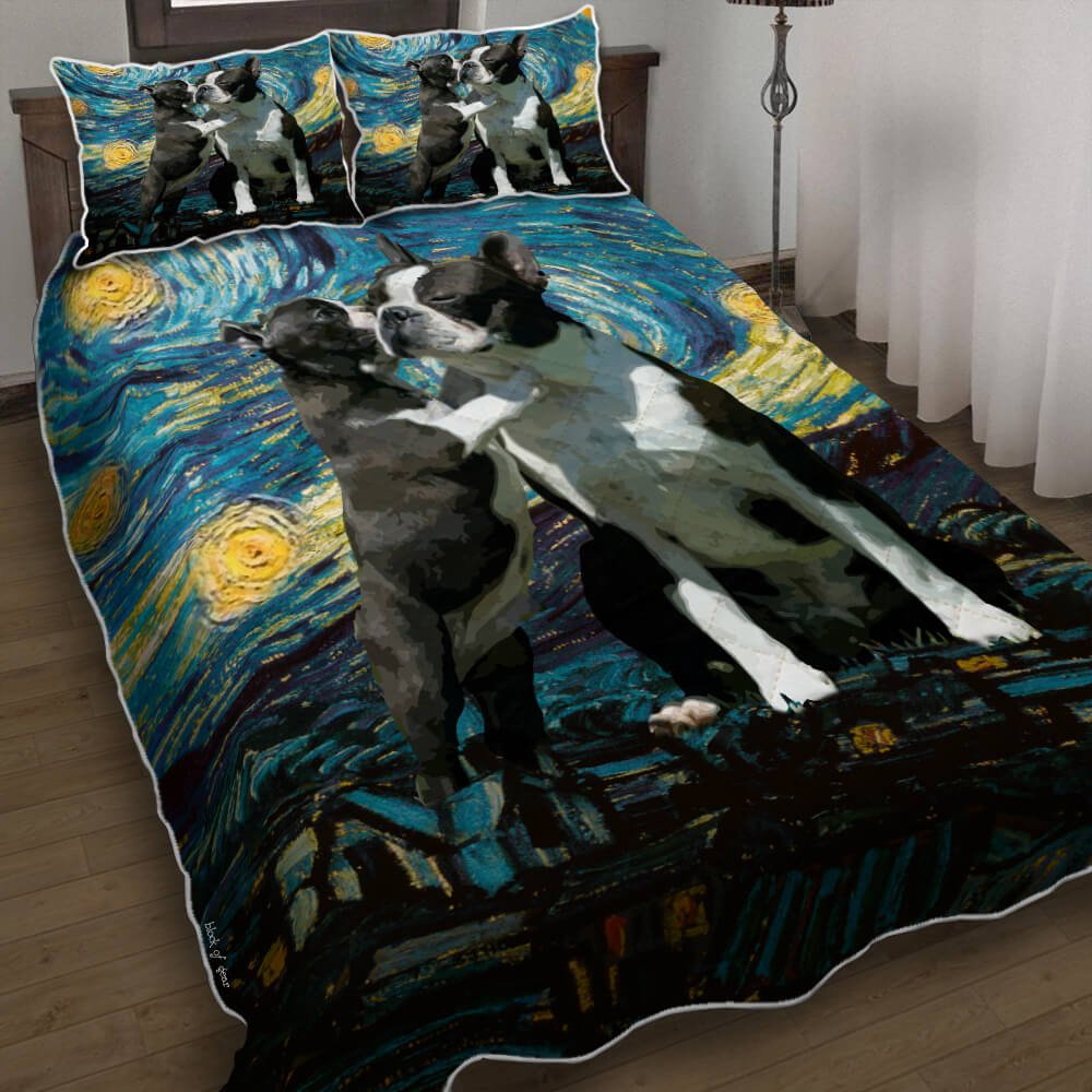 Love Boston Terrier Starry Night Quilt Bedding Set