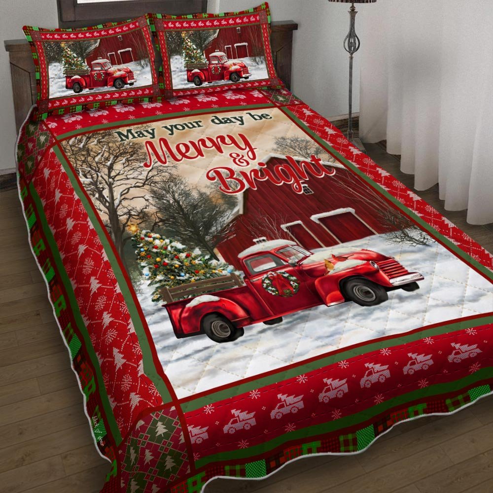 May Your Day Be Merry And Bright Red Christmas Truck Quilt Bedding Set