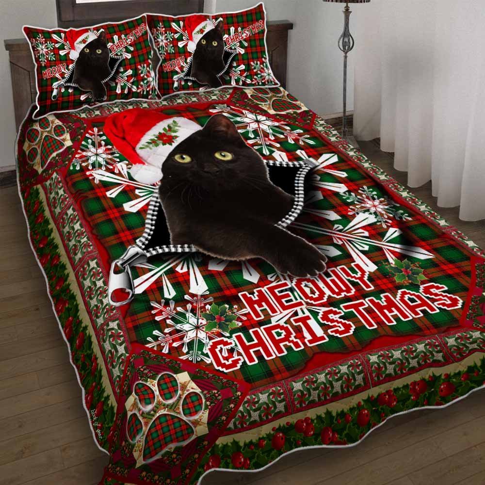 Meowy Christmas Black Cat Quilt Bedding Set