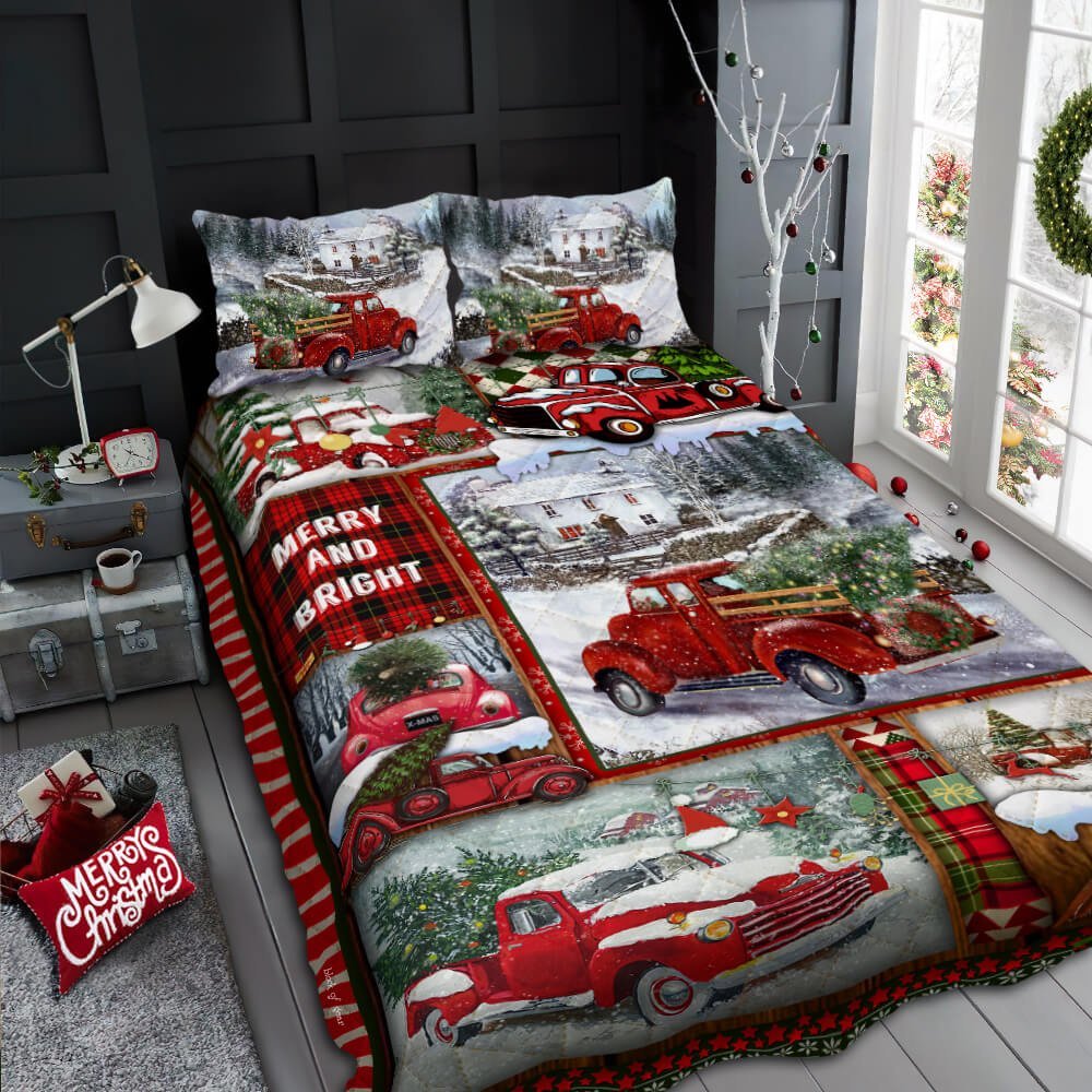 Merry And Bright Christmas Red Truck Quilt Bedding Set