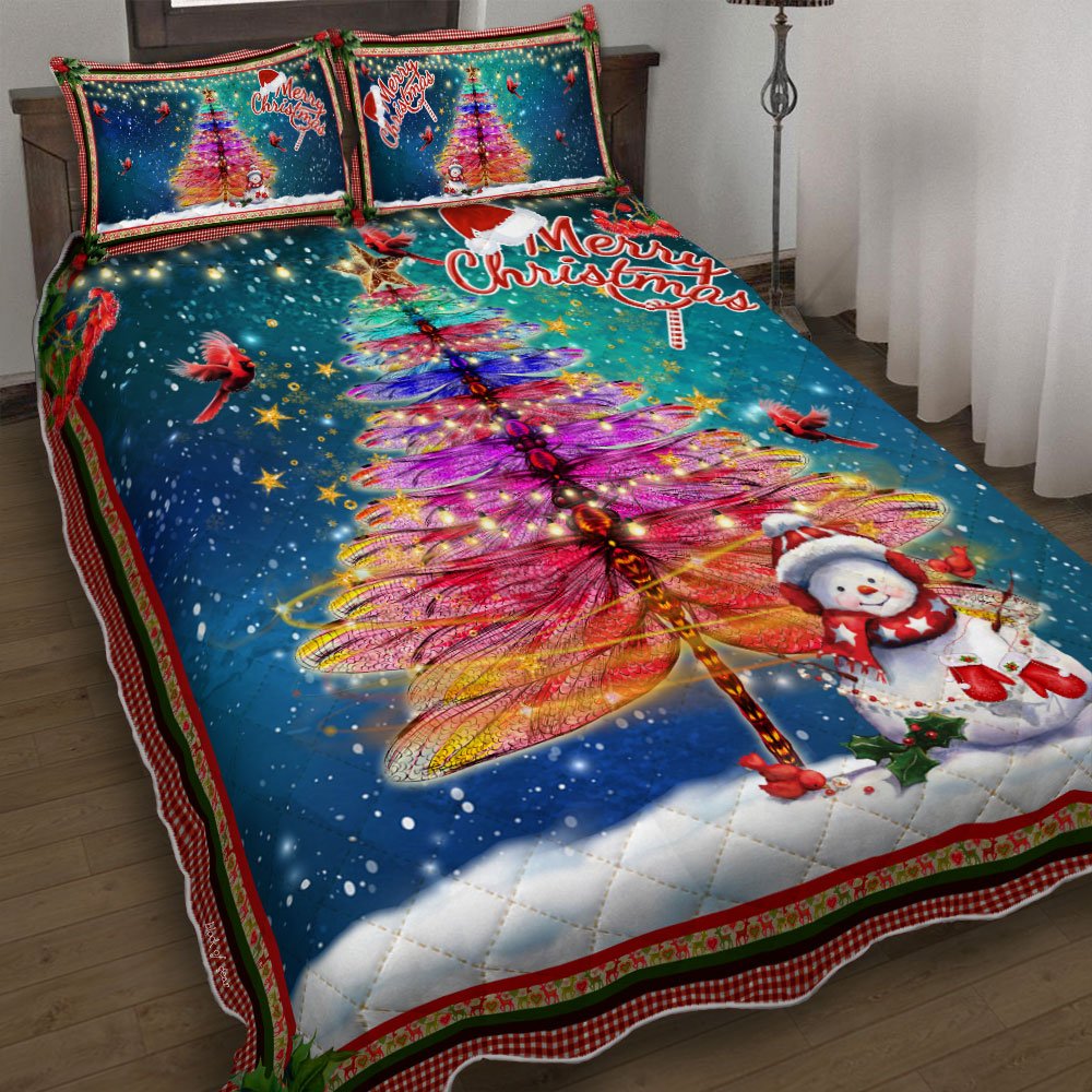 Merry Christmas Dragonfly Christmas Tree Quilt Bedding Set