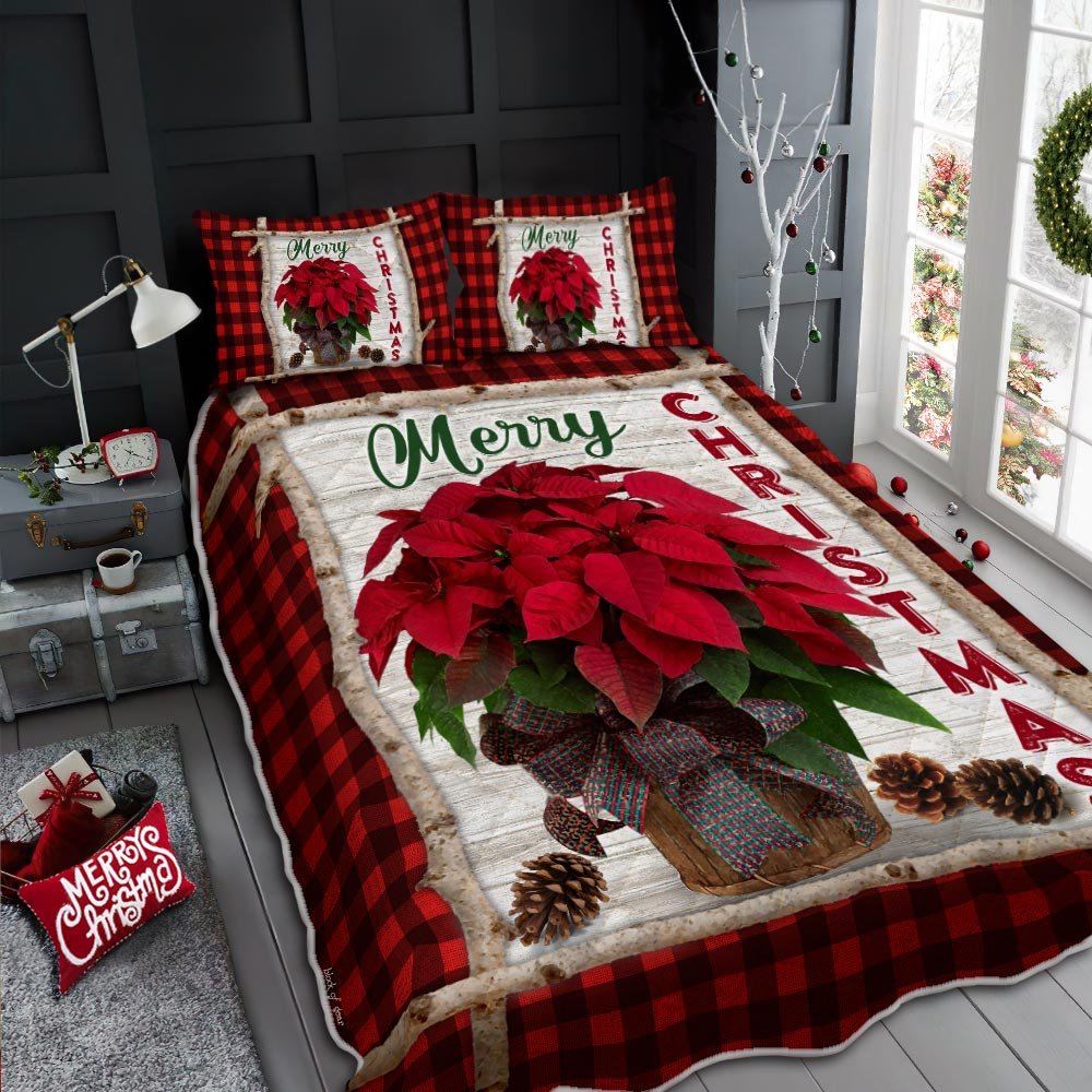 Merry Christmas Poinsettia Quilt Bedding Set