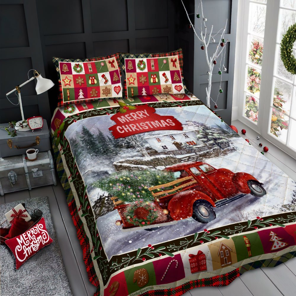 Merry Christmas Red Truck Quilt Bedding Set