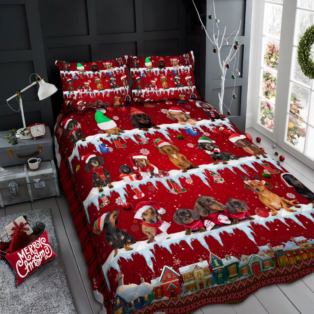 Merry Dachshund Christmas Quilt Bedding Set