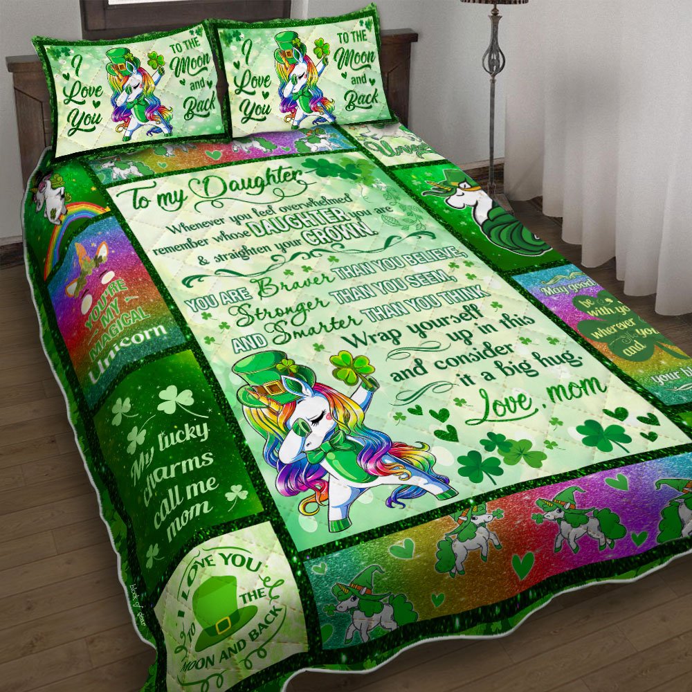 Mom To Daughter Unicorn Saint Patricks Day Quilt Bedding Set