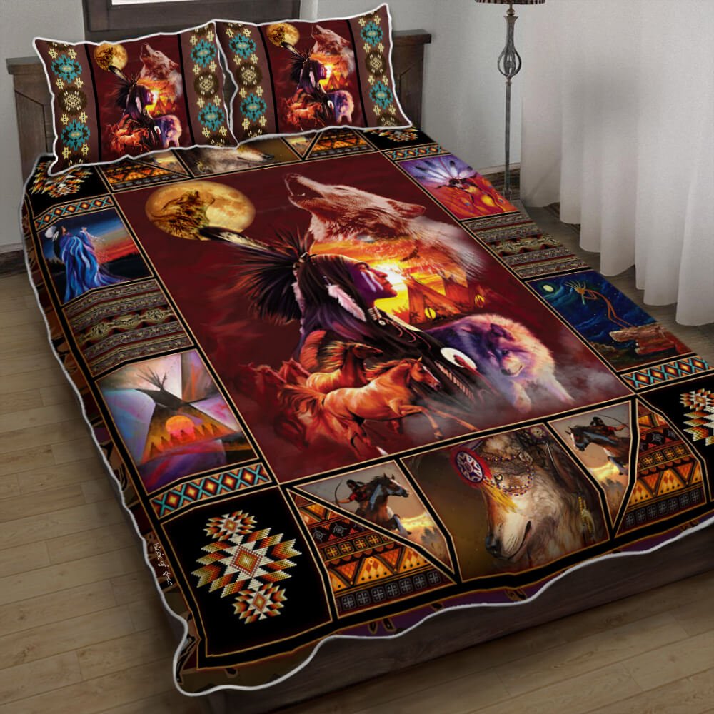 Moon Wolf Native American Inspired Quilt Bedding Set