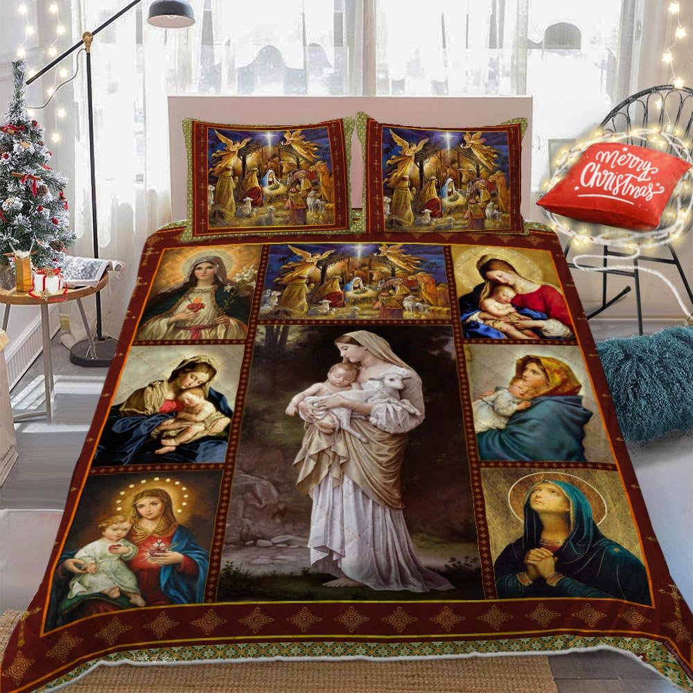 Mother Mary Our Lady Of The Rosary Quilt Bedding Set