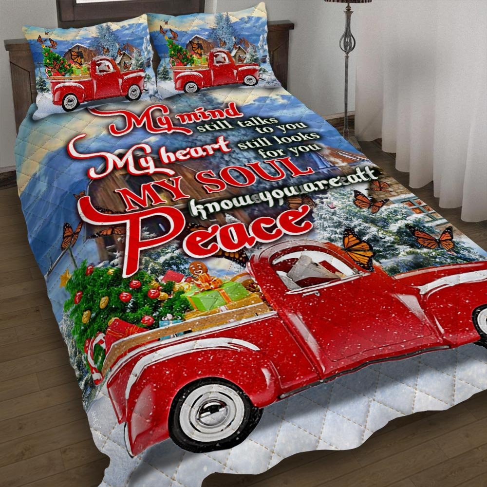 My Mind Still Talks To You Red Truck Butterfly Quilt Bedding Set