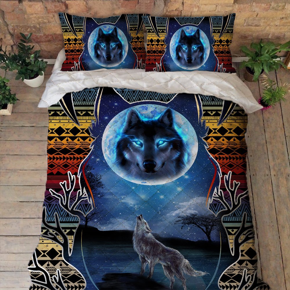 Native American Quilt Bedding Set Native Wolf Howling At The Moon Bnn172qs