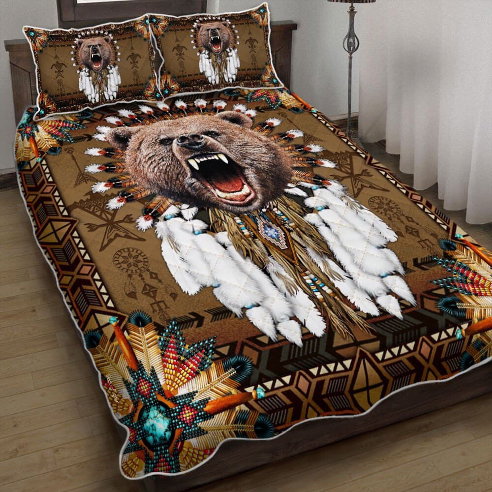 Native American Zodiac Bear Native Bear Feather Quilt Bedding Set