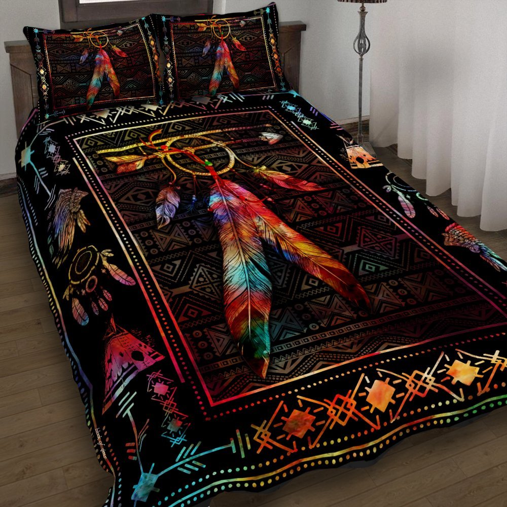 Native Feather Color Feather Native American Quilt Bedding Set King 91″x102″