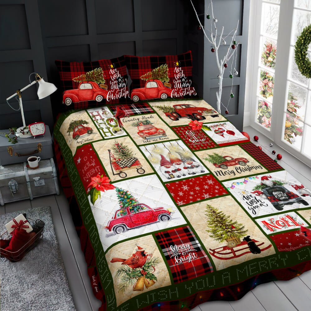 Pickup Truck Merry Christmas Quilt Bedding Set