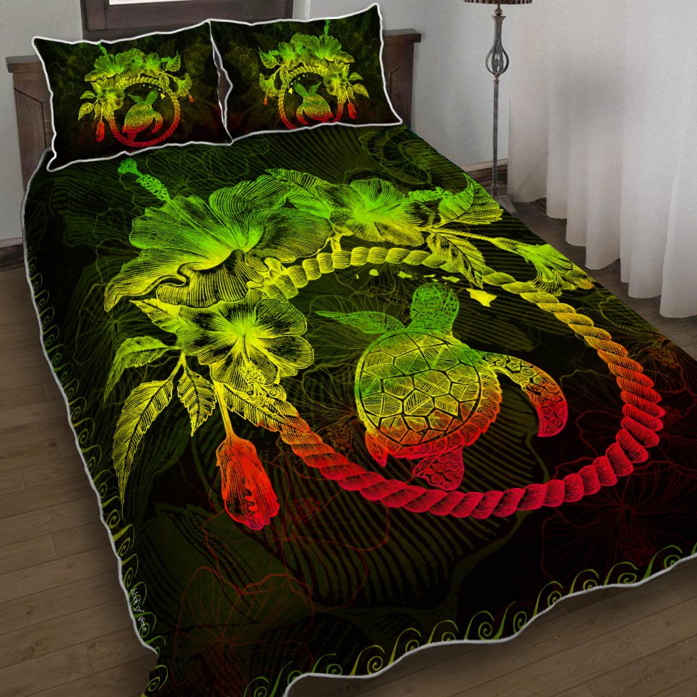 Polynesian Hawaii Reggae Turtle Hibiscus Flower Quilt Bedding Set