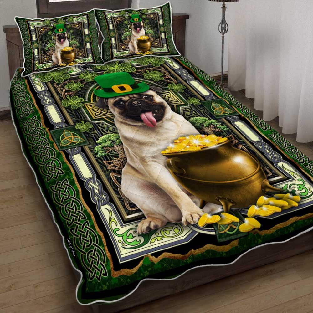 Pug Shamrock Irish Celtic Cross Quilt Bedding Set