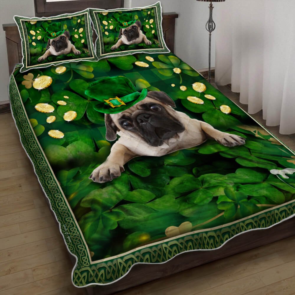 Pug Shamrock St Patricks Day Quilt Bedding Set