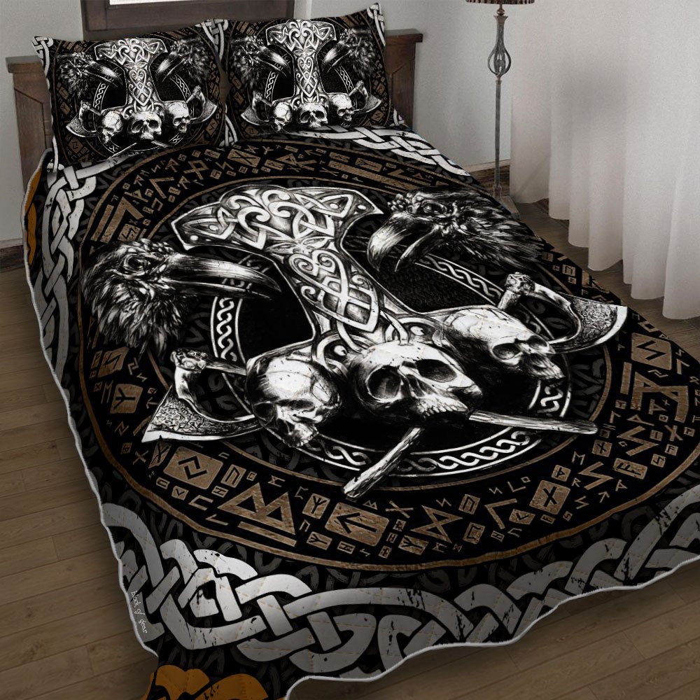 Raven Skull Norse Mjolnir Quilt Bedding Set