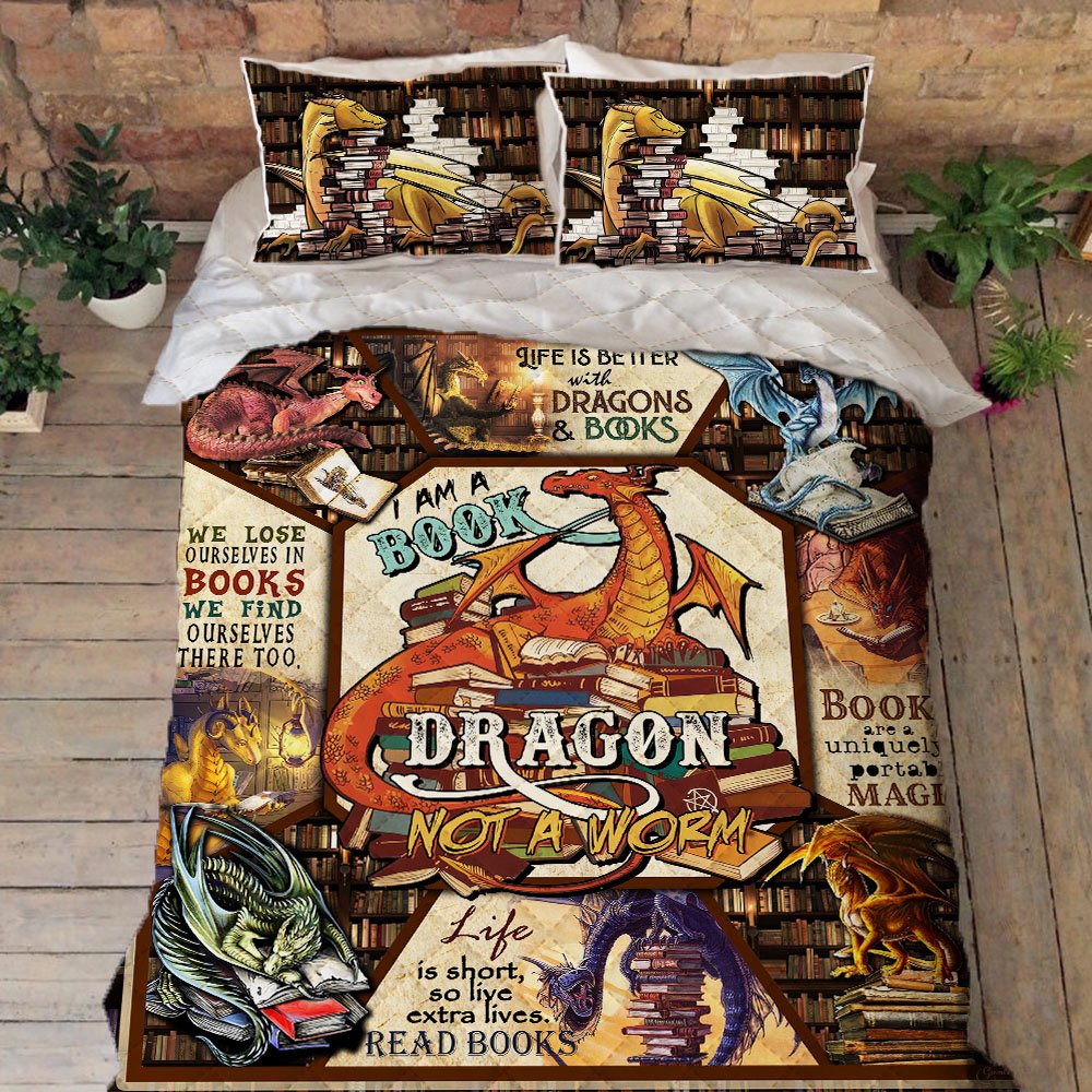 Reading Book Lover Always Be A Book Dragon Quilt Bedding Set Thh3548qs