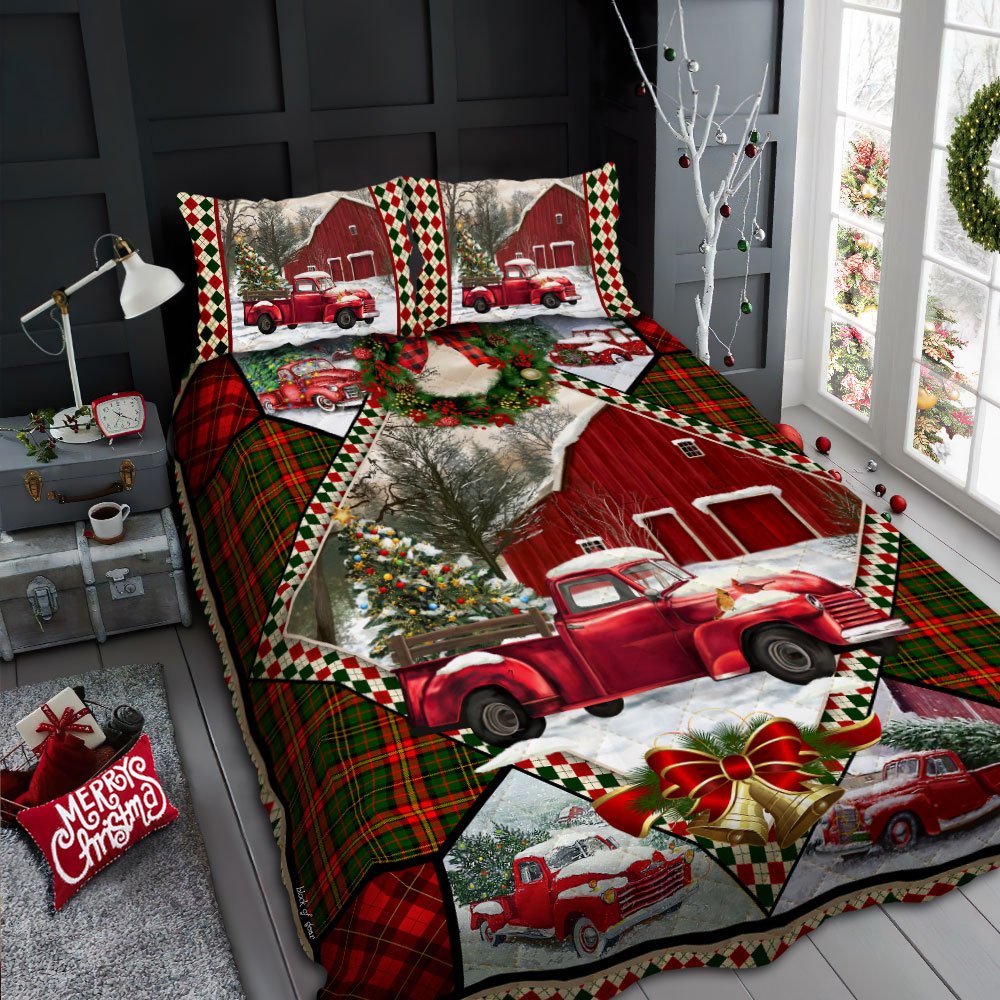 Red Christmas Christmas Truck Barn House Quilt Bedding Set-oeh5y